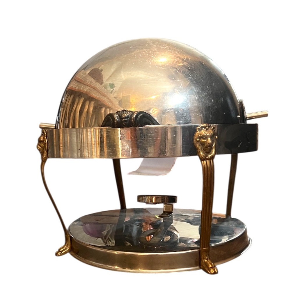Vintage Silver Plated Steel Lion Head Round‎ Chafer Chafing Dish Brass Legs
